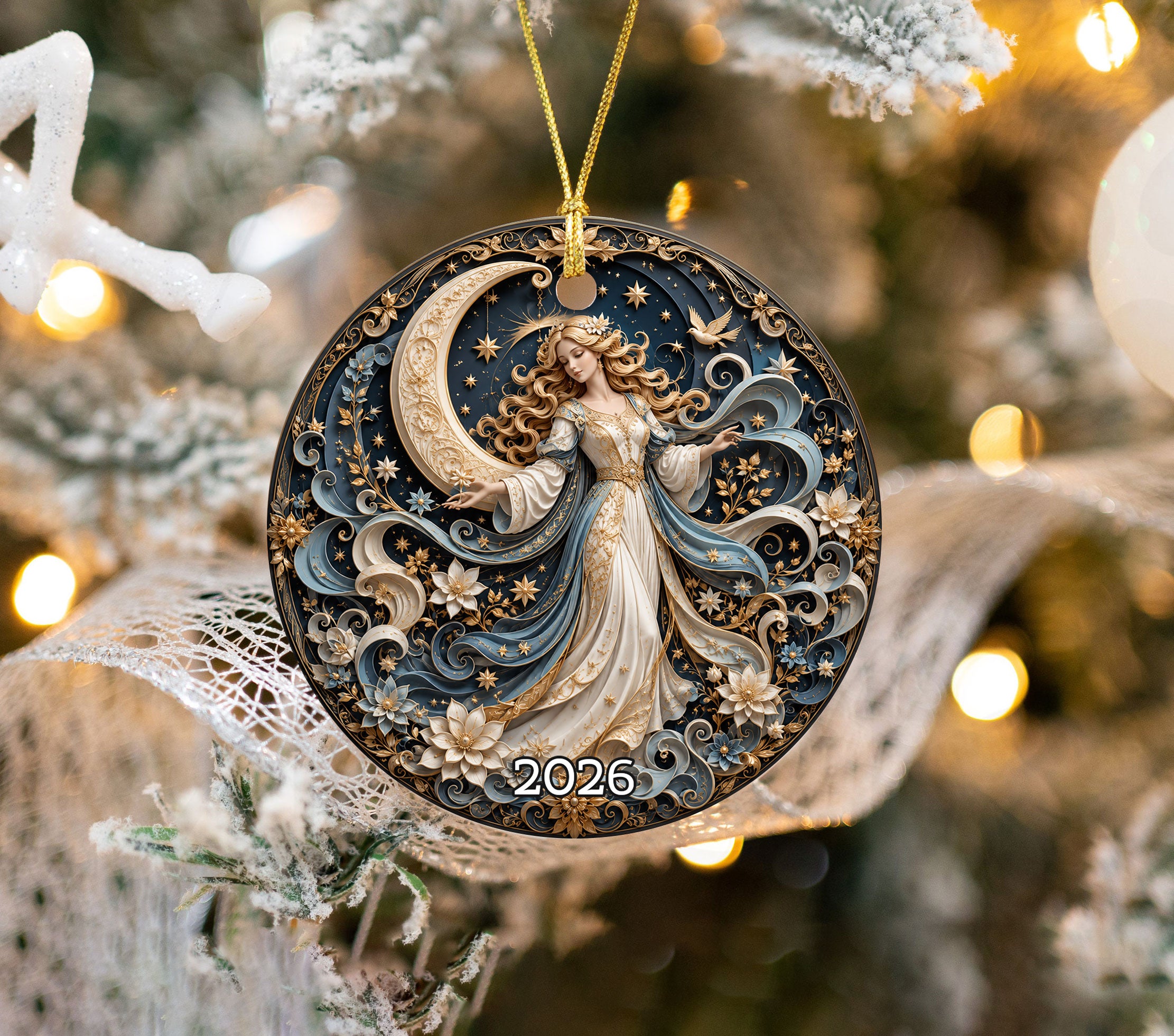 Elegant Christmas Ornament 2026, Angel with Moon and Stars Ornament, Holiday Tree Decoration