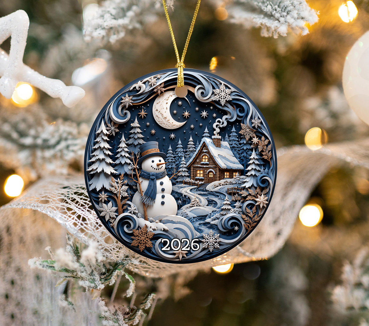 2026 Christmas Ornament with Snowman, Winter Village Christmas Tree Ornament, Ceramic Holiday Decoration