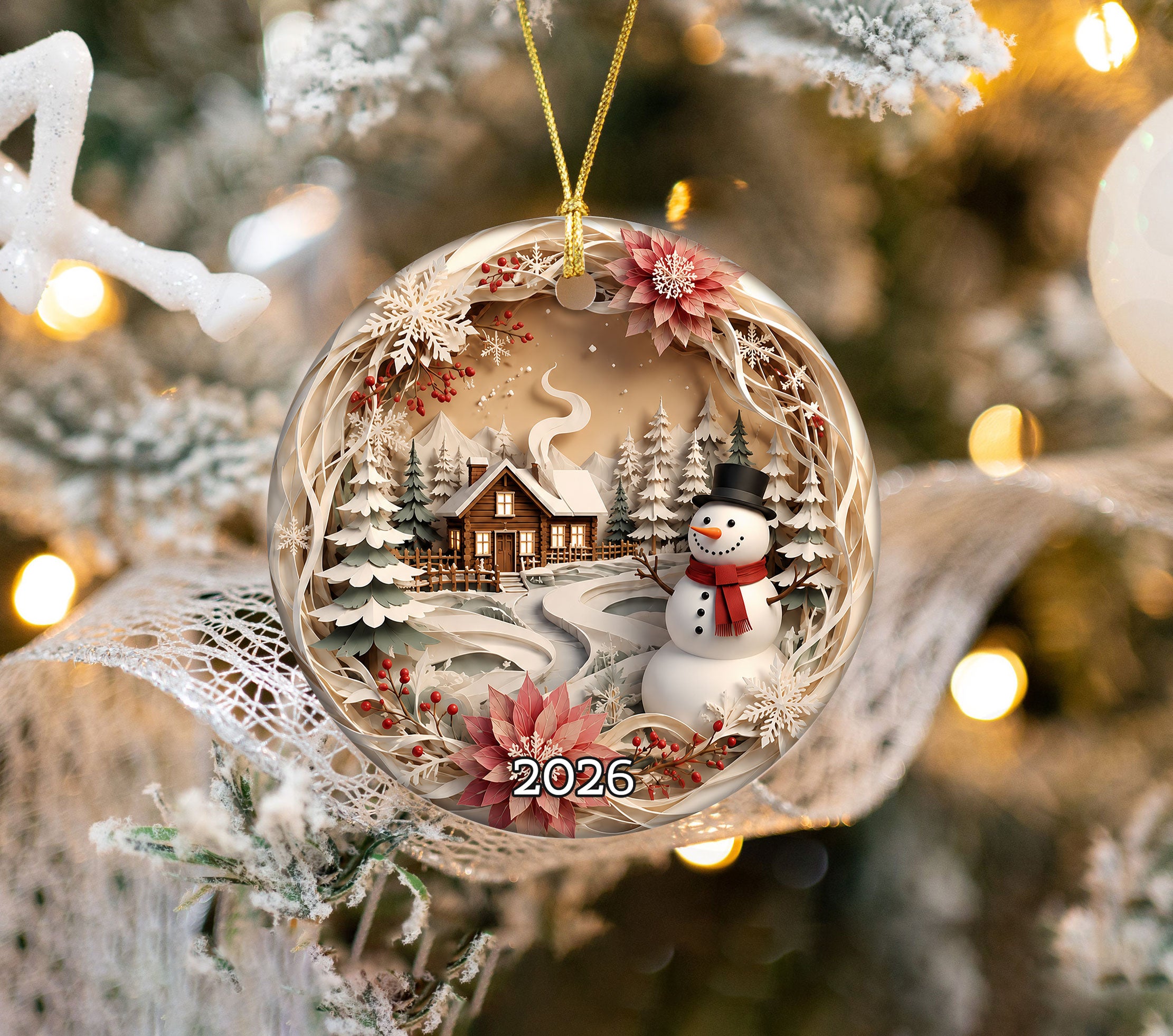 Winter Village Christmas Ornament 2026, Snowman Tree Ornament, Holiday Christmas Decoration
