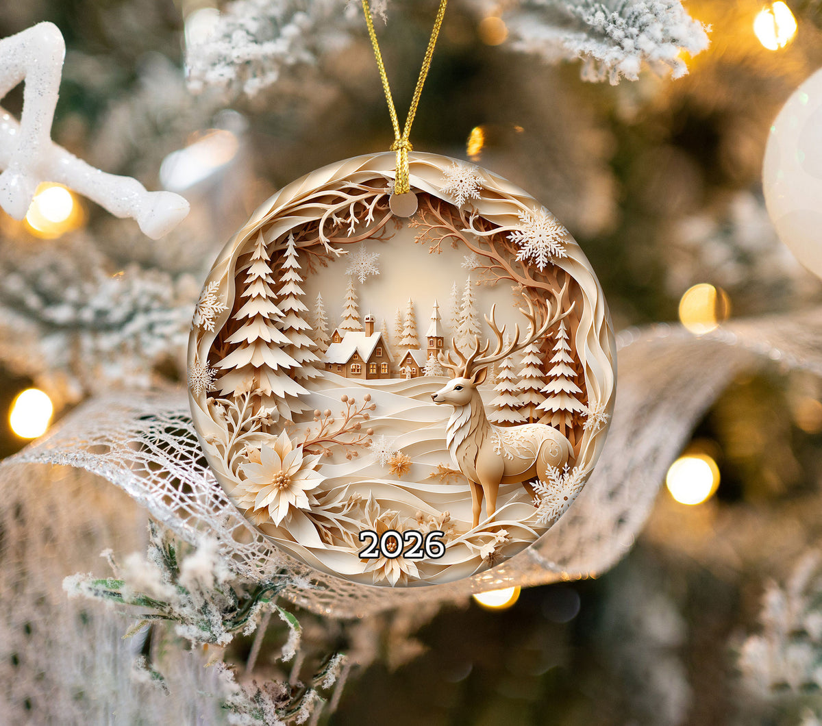 Winter Christmas Ornament 2026, Deer Village Ornament, Holiday Tree Decoration, Christmas Keepsake Gift