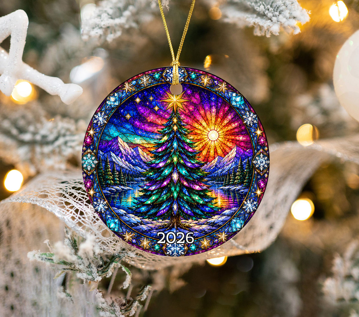 Colorful Stained Glass Christmas Tree Ornament 2026, Winter Mountain Lake Suncatcher Style, Holiday Decor