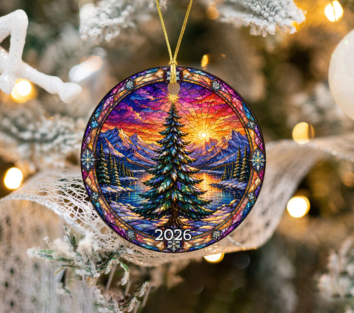 Colorful Christmas Tree Ornament 2026, Stained Glass Style Holiday Ornament, Winter Landscape Decor