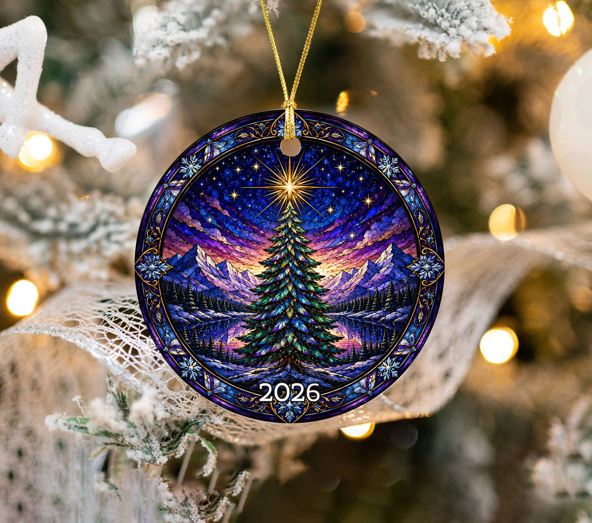 Christmas Tree Suncatcher Style Ornament 2026, Colorful Winter Mountain Scene Decoration