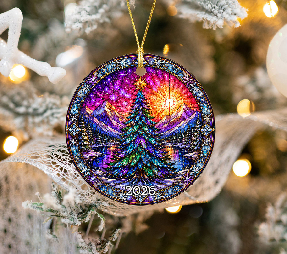 Stained Glass Style Christmas Ornament 2026, Colorful Evergreen Tree with Mountain Lake, Holiday Tree Decoration