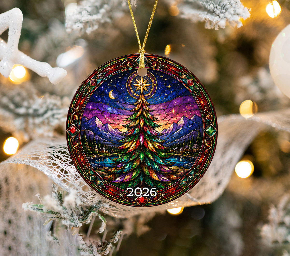 Christmas Tree Holiday Ornament 2026, Colorful Stained Glass Inspired Winter Scene, Festive Christmas Decoration