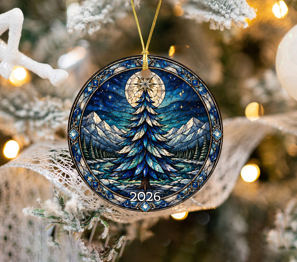 Winter Christmas Tree Ornament 2026, Colorful Mountain Landscape Holiday Decor, Stained Glass Inspired Christmas Gift
