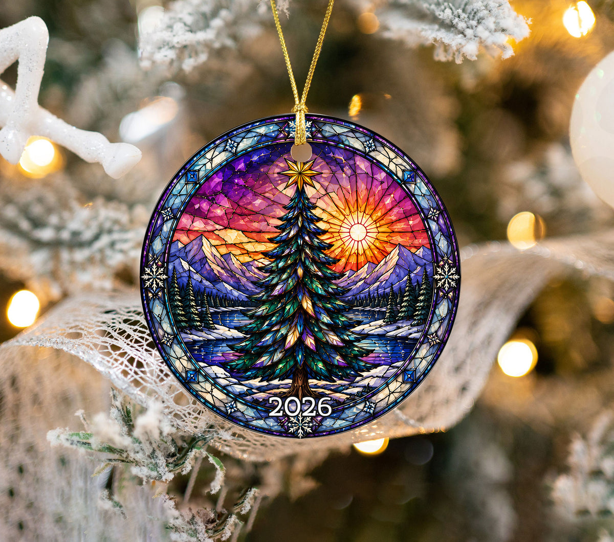 Christmas Ornament 2026 with Colorful Christmas Tree, Winter Lake Landscape Decoration, Holiday Tree Keepsake