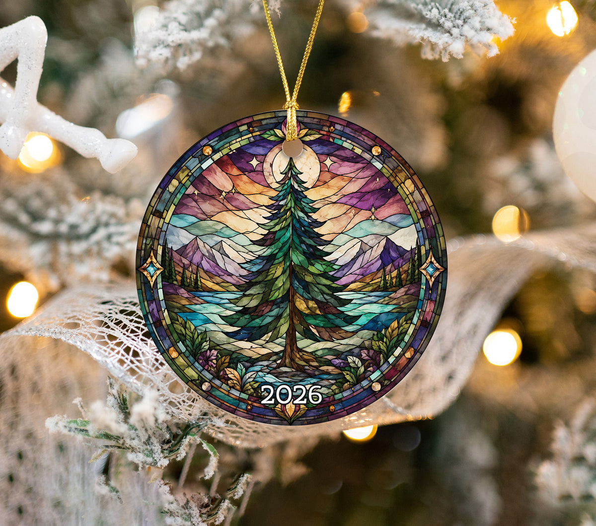 Vintage Christmas Tree Ornament 2026, Holiday Winter Landscape Decor, Stained Glass Inspired Christmas Keepsake