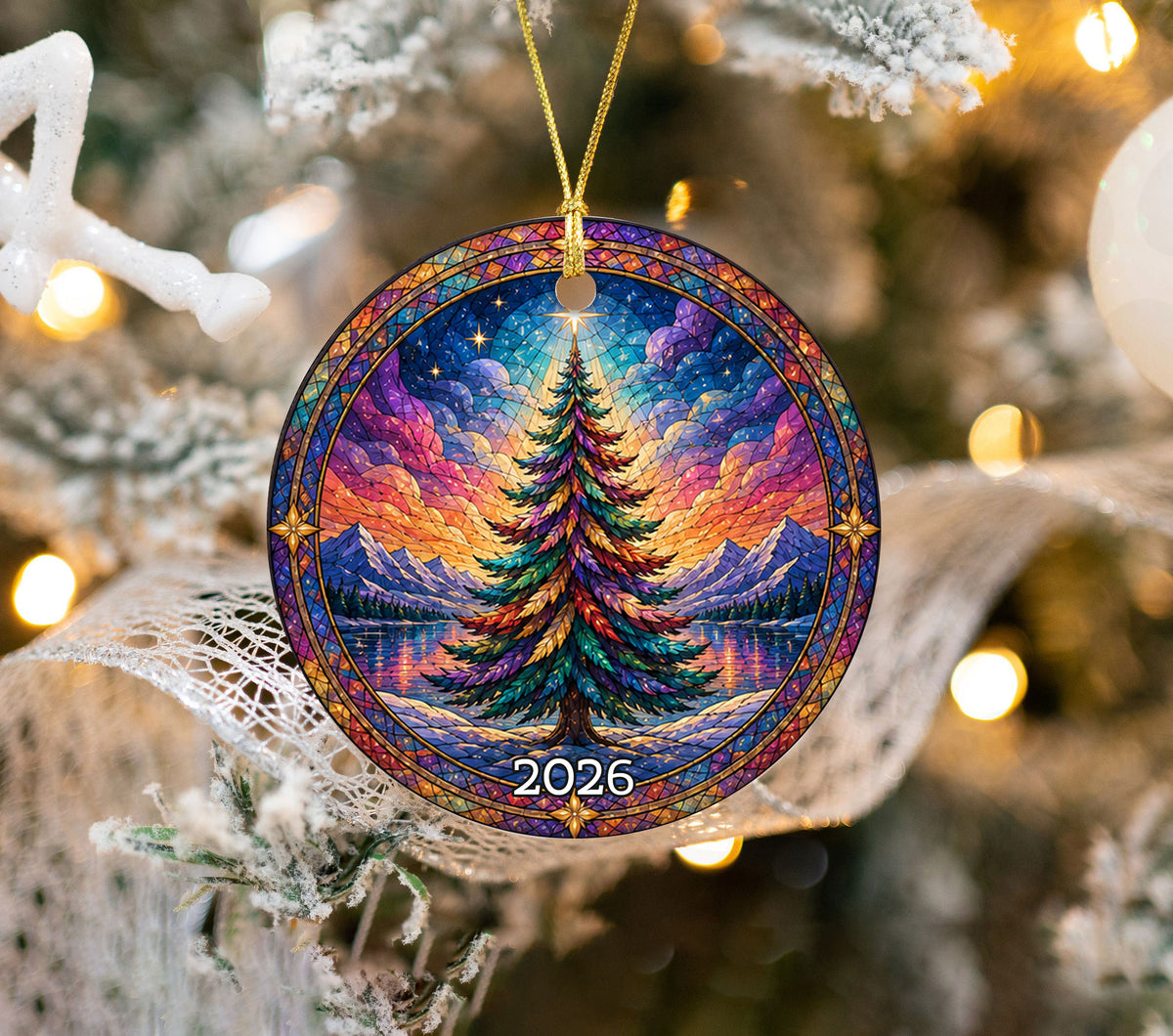 Colorful Stained Glass Style Christmas Tree Ornament 2026, Winter Mountain Lake Suncatcher Style