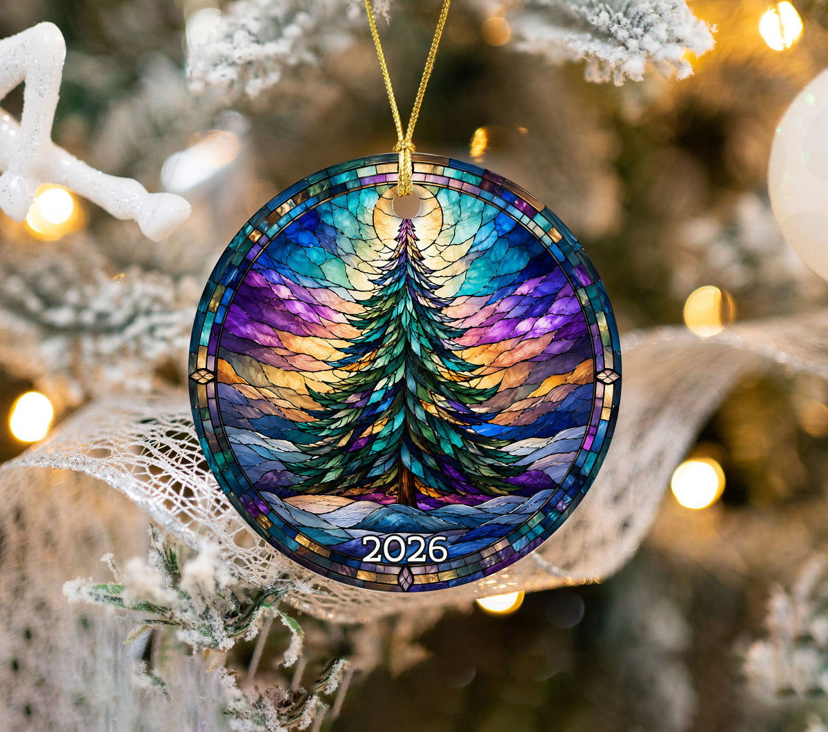 Christmas Tree Keepsake Ornament 2026, Colorful Rainbow Evergreen Winter Scene, Holiday Decoration