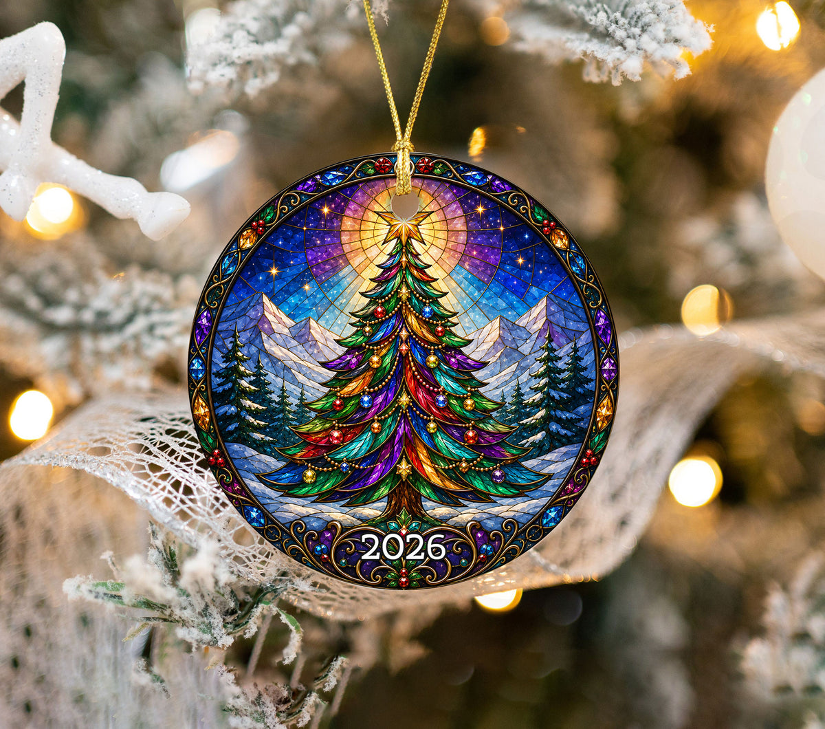 Colorful Stained Glass Christmas Tree Ornament 2026, Rainbow Evergreen Winter Mountain Scene, Holiday Tree Decoration