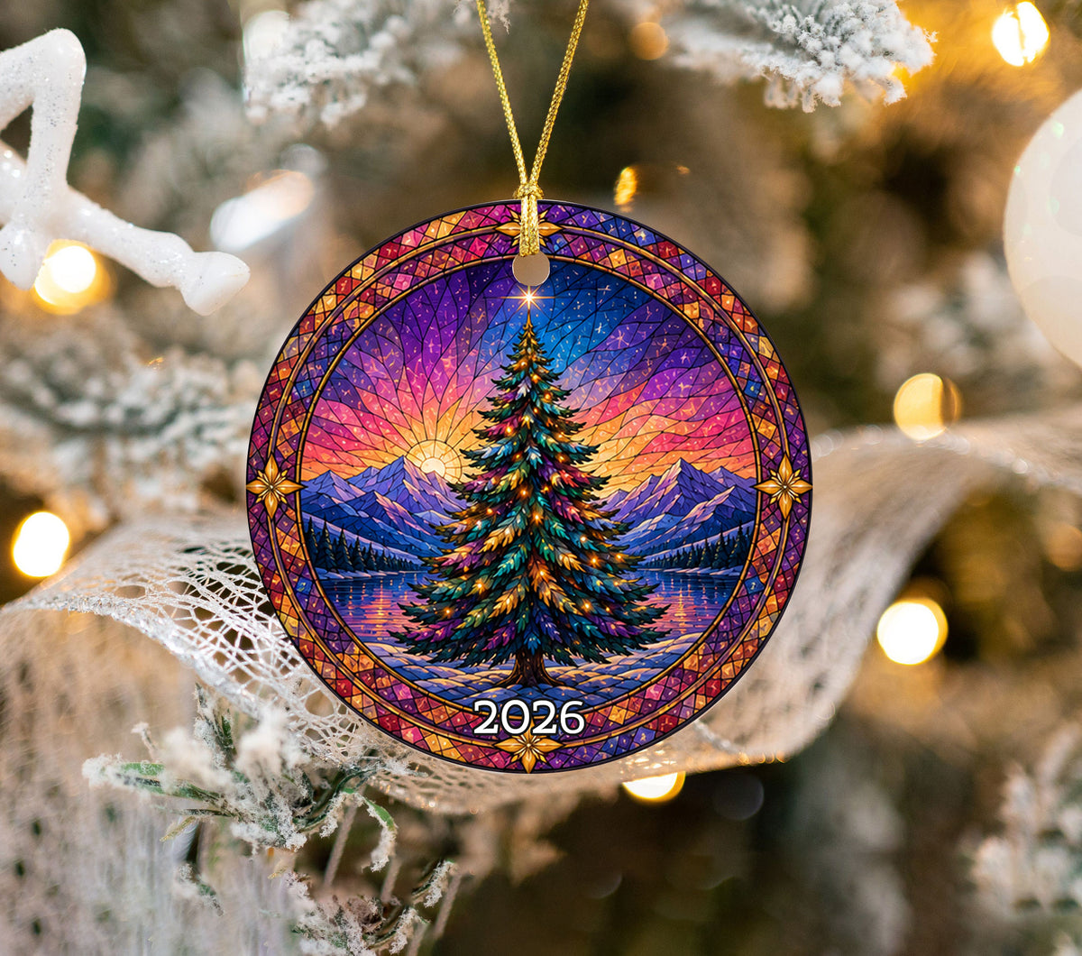 Colorful Christmas Ornament 2026, Rainbow Evergreen Tree with Winter Mountain Scene, Holiday Tree Decor