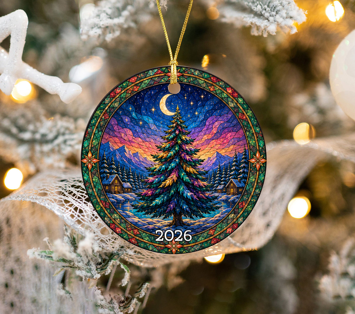 Winter Christmas Tree Ornament 2026, Aurora Sky Christmas Decor, Holiday Ornament, Snowy Mountain Landscape