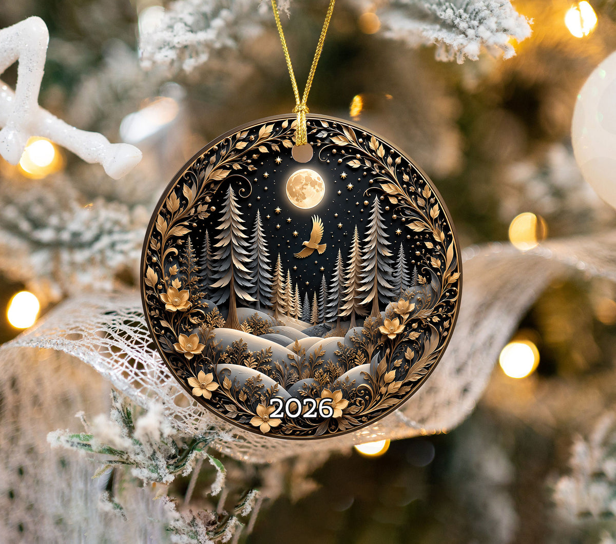 Winter Forest Christmas Ornament 2026, Moon Night Woodland Christmas Tree Decor, Nature Inspired Holiday Ornament