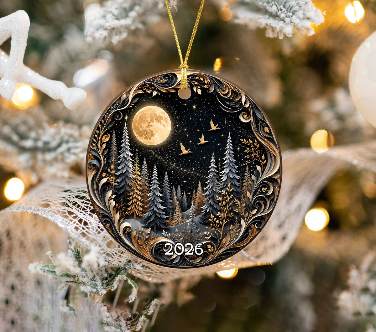 Christmas Forest Ornament 2026, Moonlit Pine Trees Holiday Decoration, Woodland Christmas Keepsake, Winter Nature Gift for Friends and Family