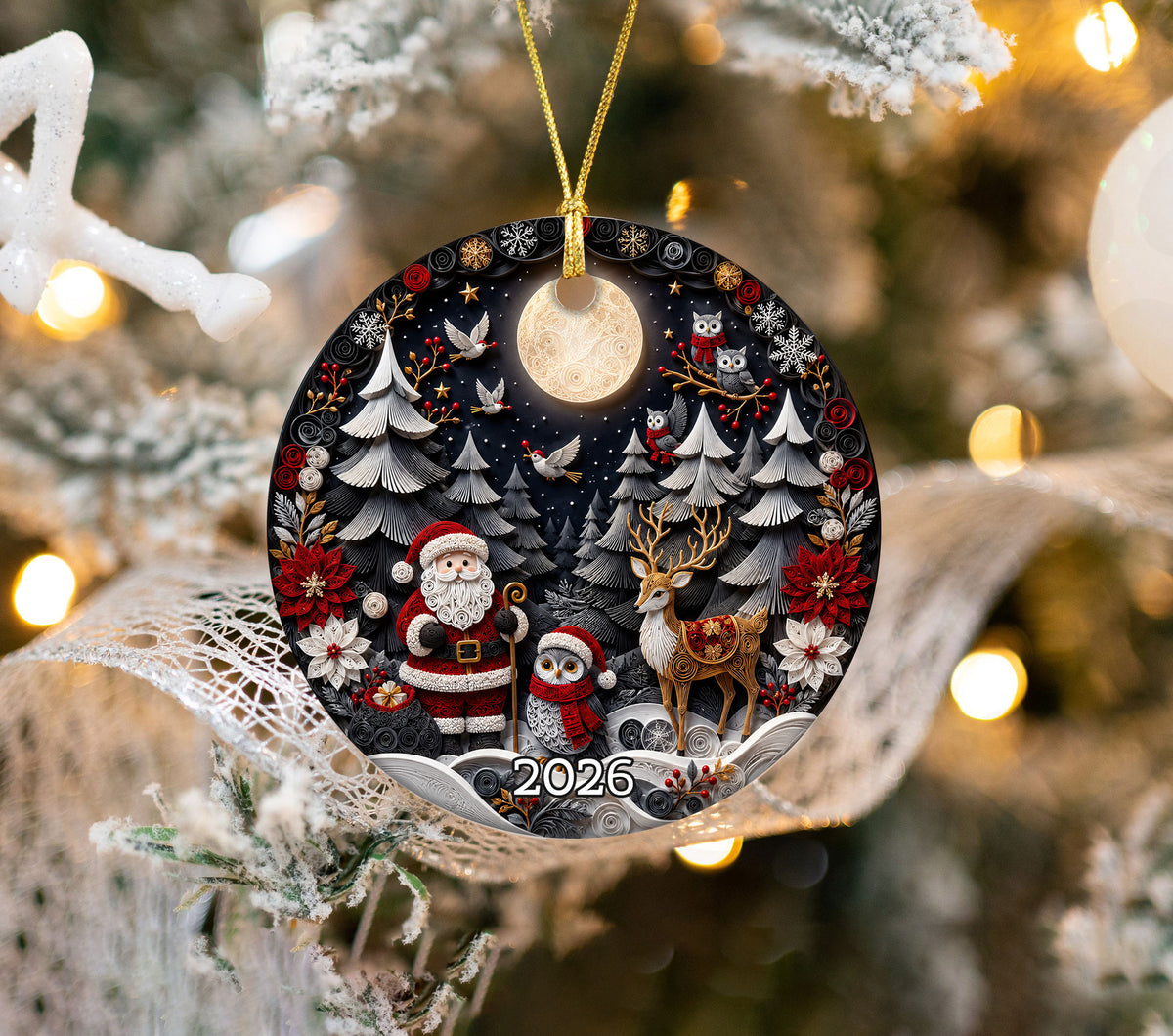 Santa Woodland Christmas Ornament 2026, Owl Deer Robin Winter Forest Cabin Christmas Tree Decoration, Holiday Keepsake Gift for Family