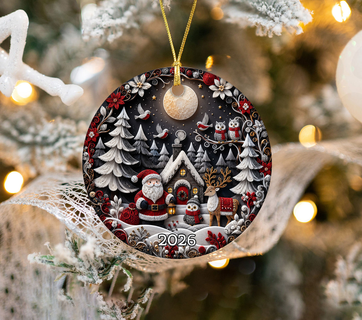 Holiday Christmas Ornament 2026, Santa Owl Deer Robin Forest Cabin Winter Scene, Christmas Tree Decoration, Festive Keepsake Gift