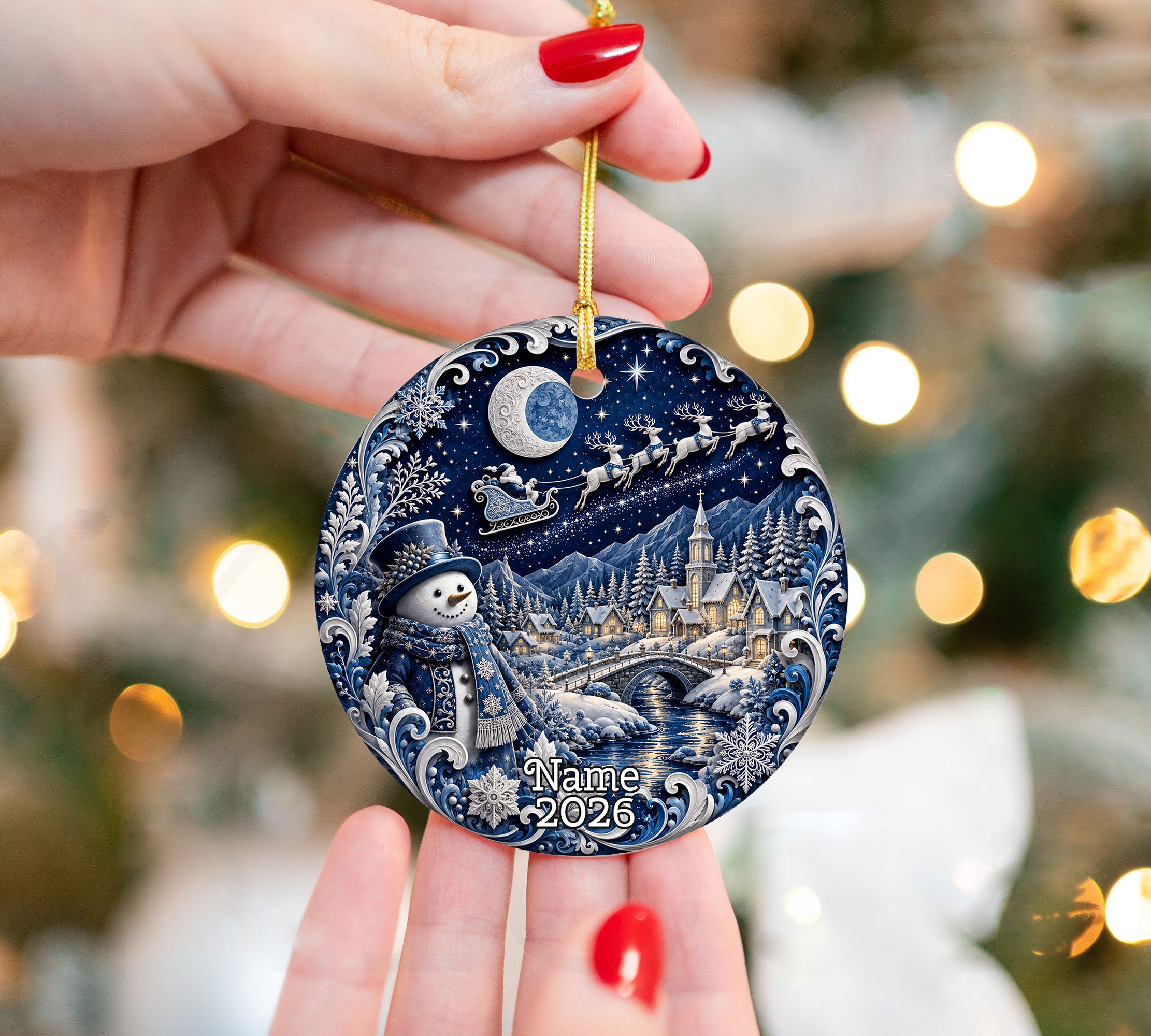 Blue Christmas Village Ornament 2026, Snowman Holiday Ornament, Ceramic Christmas Decoration