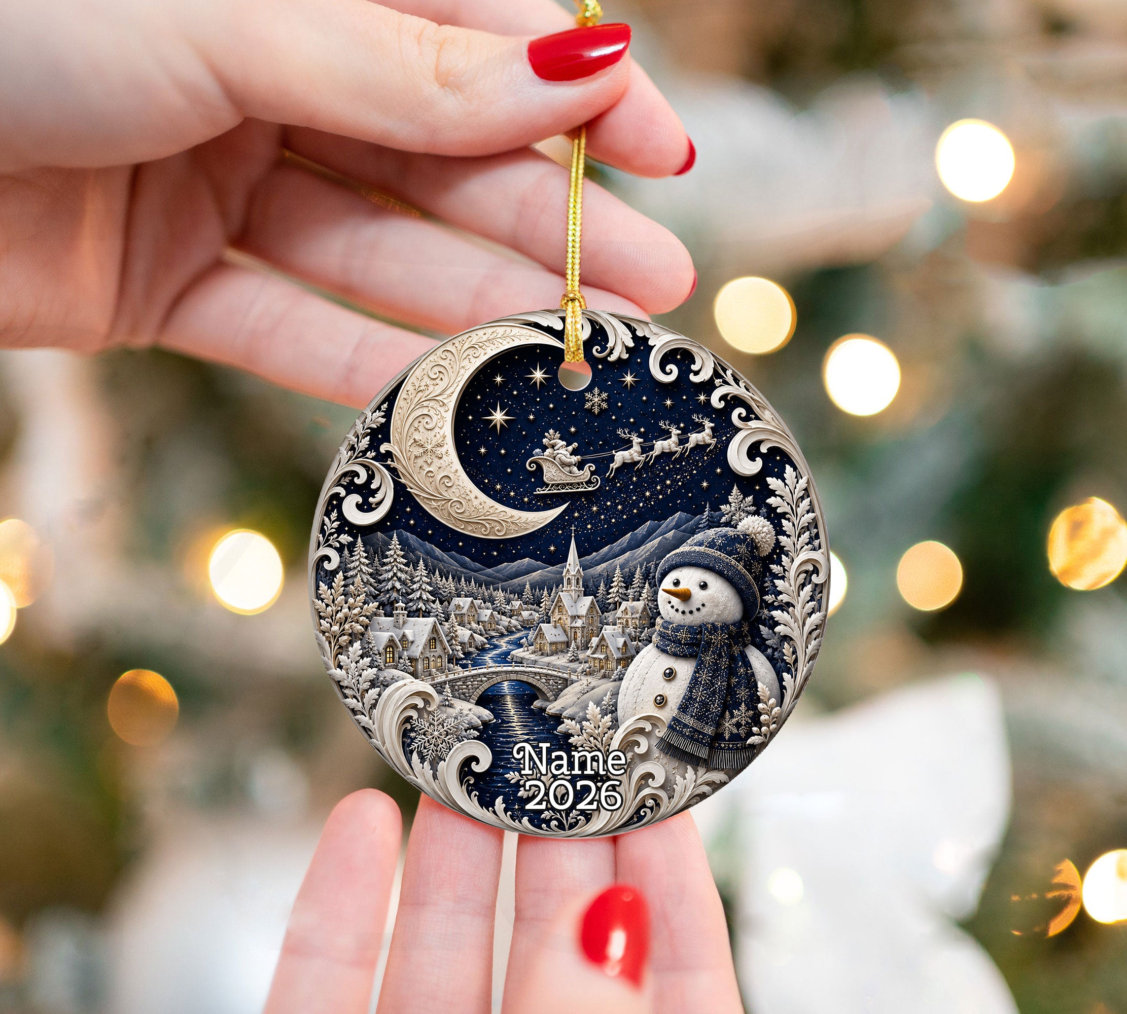 Christmas Ornament 2026 Blue Winter Village with Snowman, Ceramic Tree Ornament, Holiday Decoration