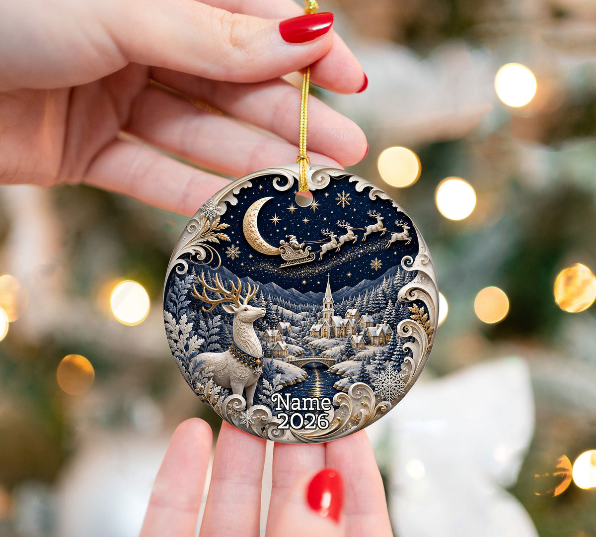 Deer Christmas Ornament 2026, Blue Winter Tree Ornament, Ceramic Christmas Decoration, Holiday Keepsake Gift