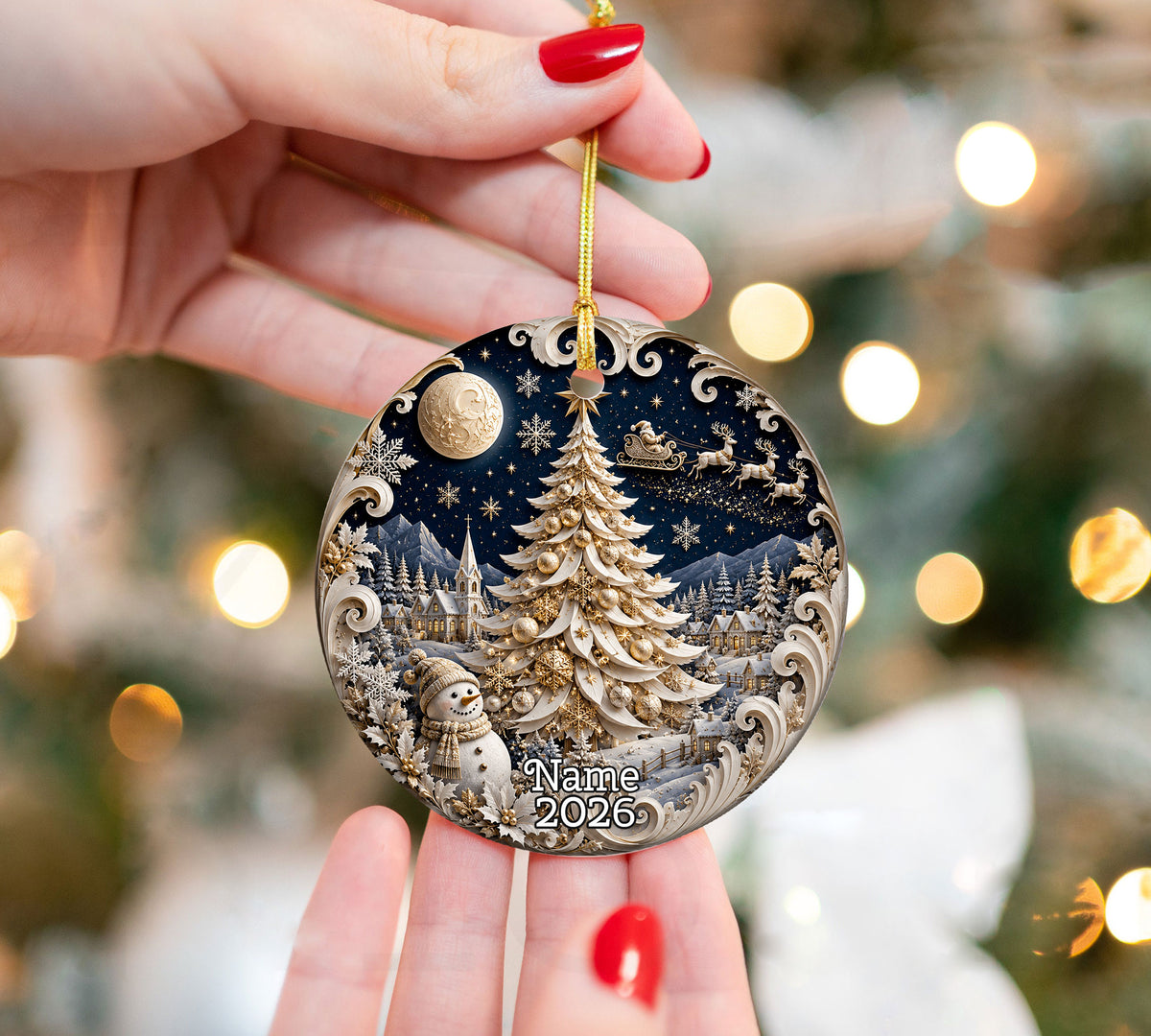 Christmas Ornament 2026 Blue Winter Village with Snowman, Ceramic Tree Ornament, Holiday Decoration