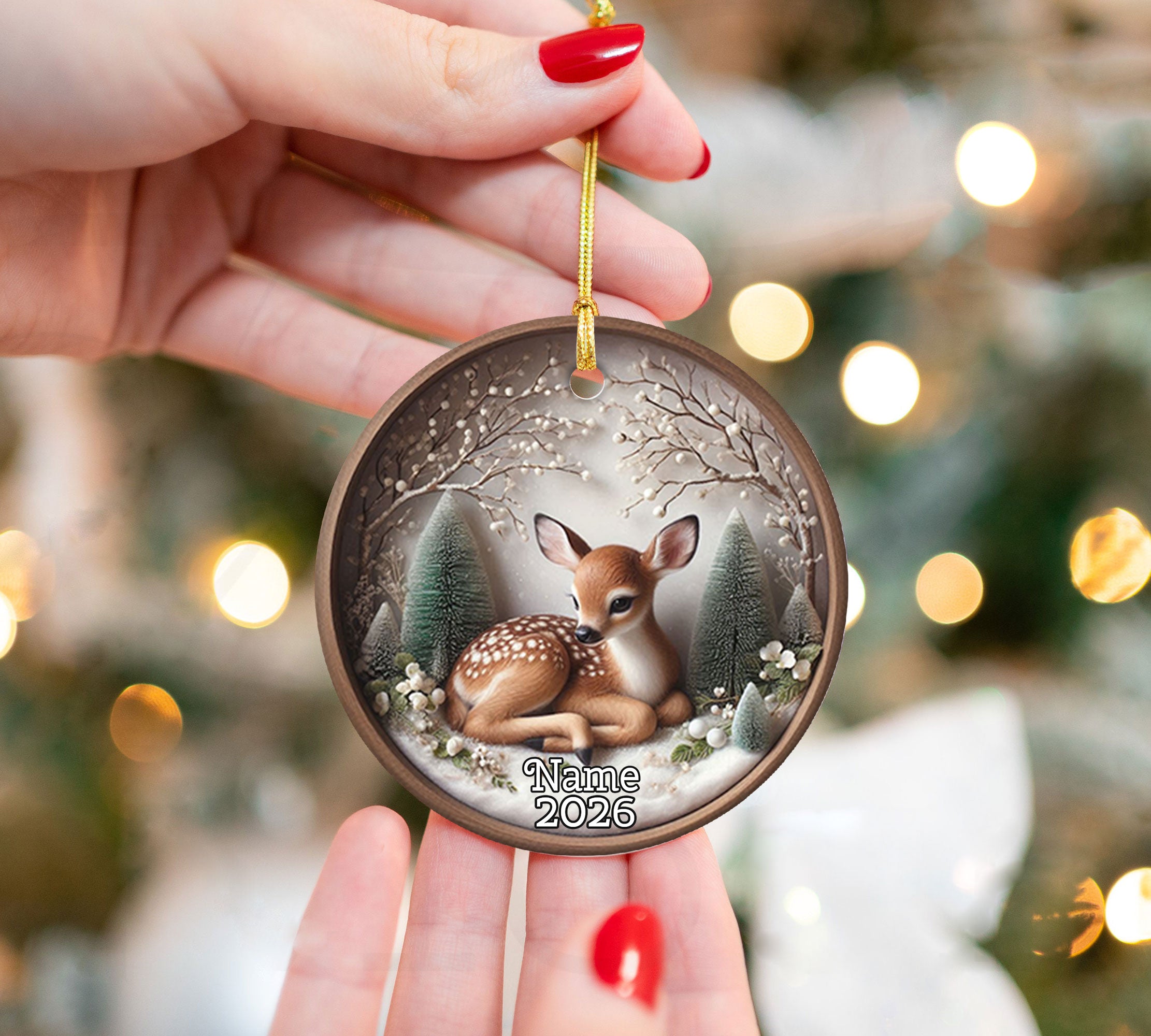 Woodland Deer Ornament 2026, Rustic Christmas Ceramic Ornament, Forest Holiday Tree Decoration
