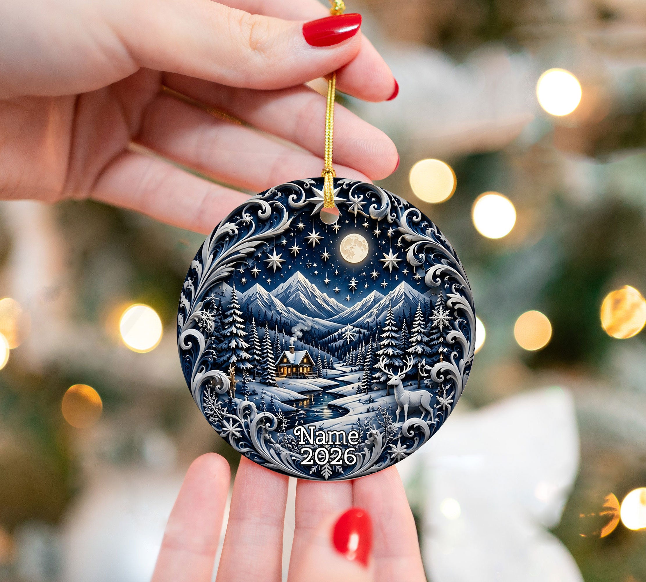 2026 Winter Night Ornament, Snowy Mountain Cabin Christmas Tree Ornament, Moonlit Deer Forest Keepsake