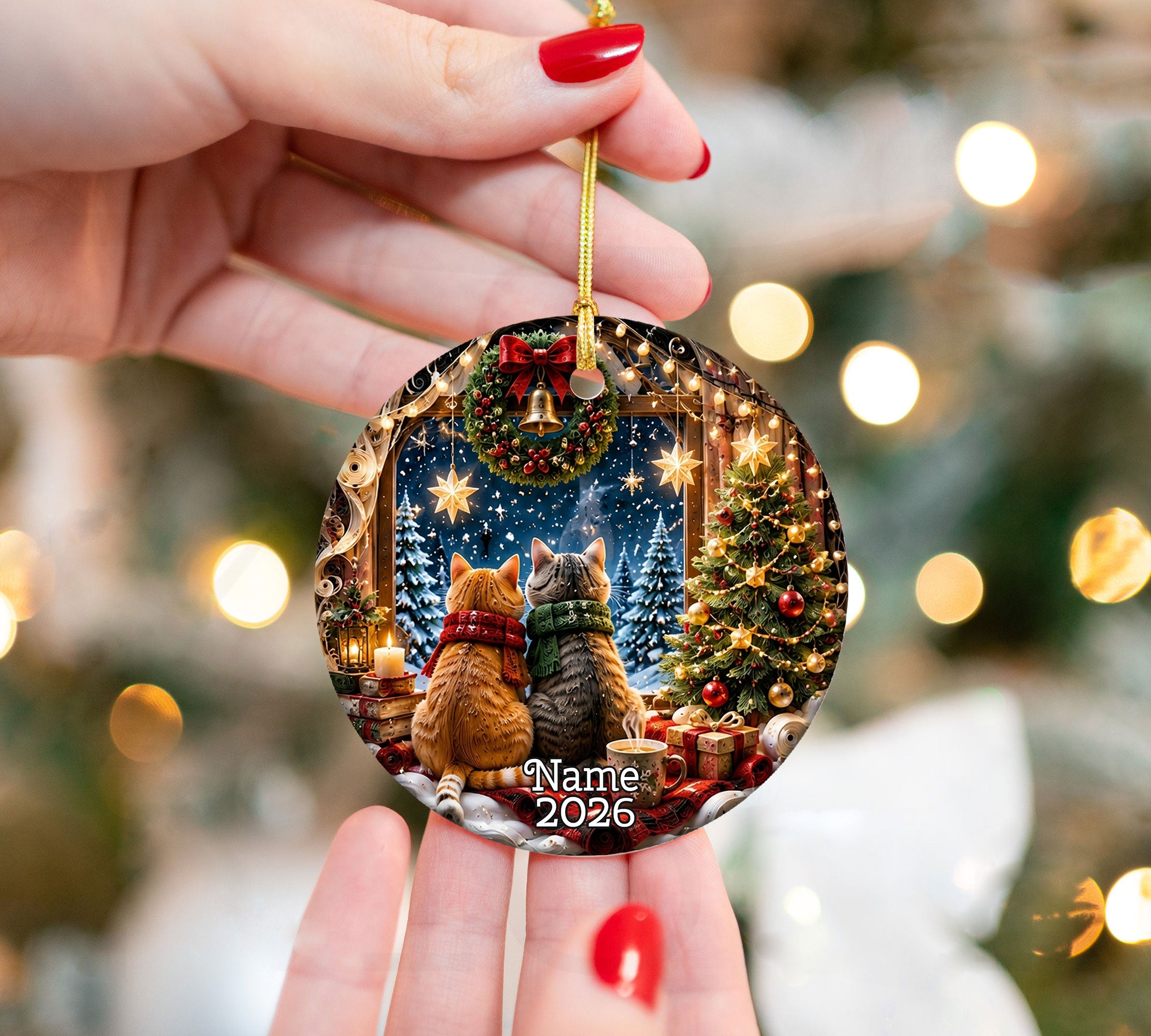 Cat Christmas Ornament 2026, Cozy Christmas Cats Ceramic Ornament, Holiday Tree Decoration, Cute Cat Lover Keepsake