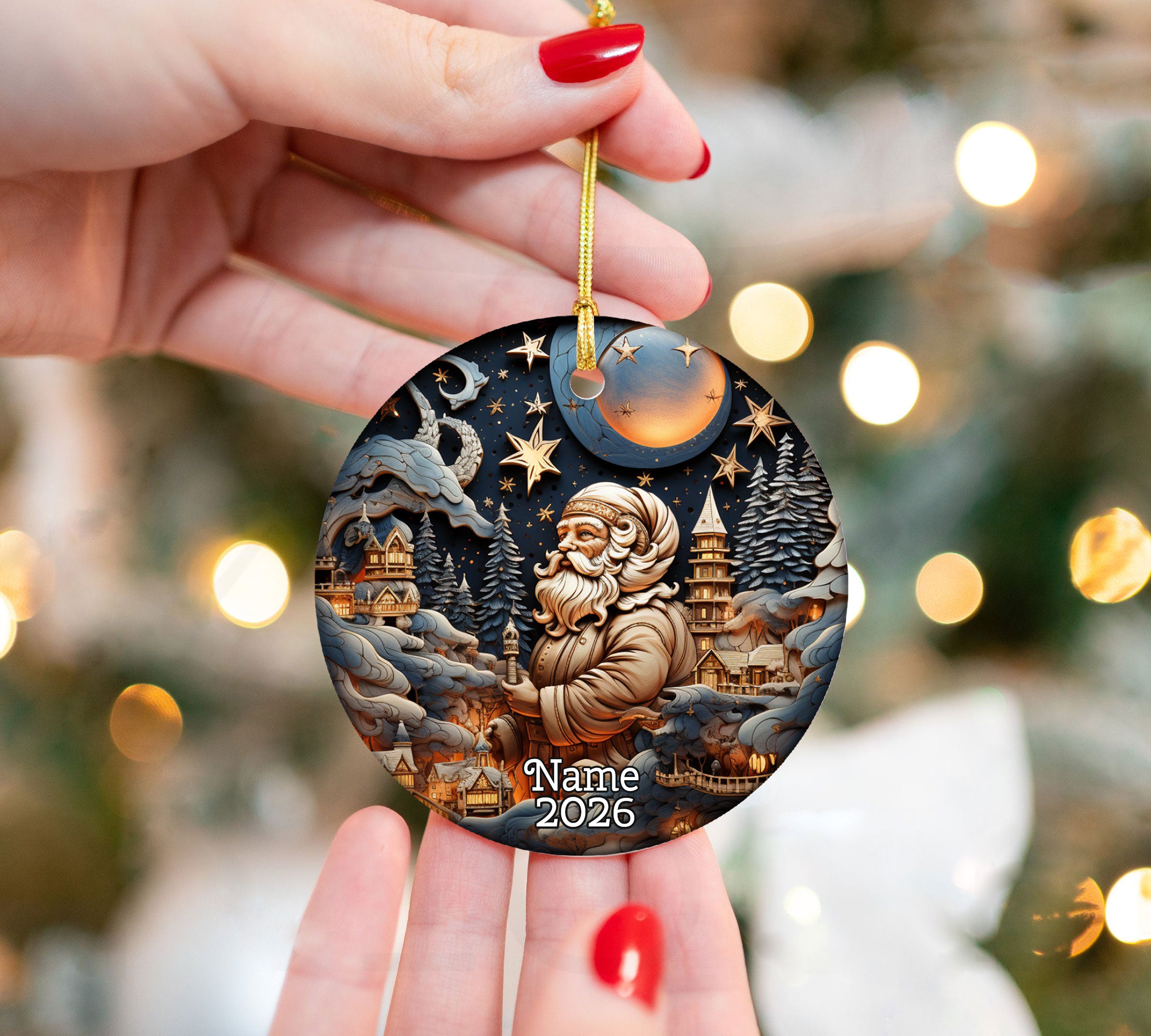 Santa Christmas 2026 Ornament, Christmas Decoration, Holiday Gift Idea, Heirloom Keepsake, Round Ceramic, Gift Exchange Idea, Dated Xmas Tree