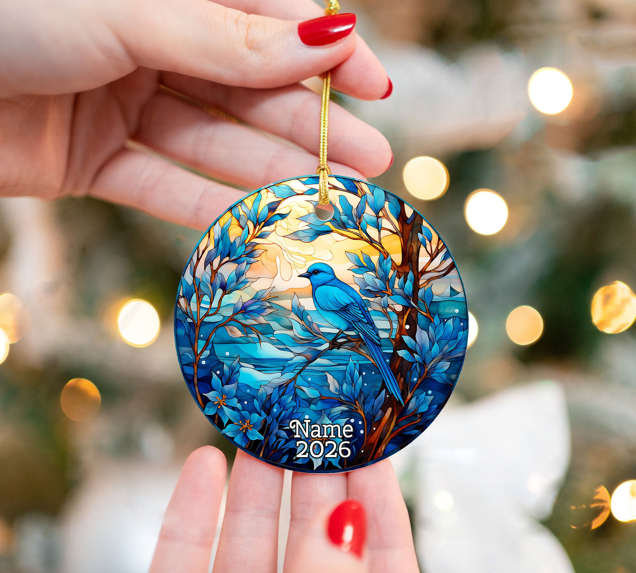 Blue Bird Christmas Ornament 2026, Stained Glass Style Bird Ornament, Winter Bird Tree Decor, Nature Lover Gift, Blue Songbird Keepsake, Holiday Ornament