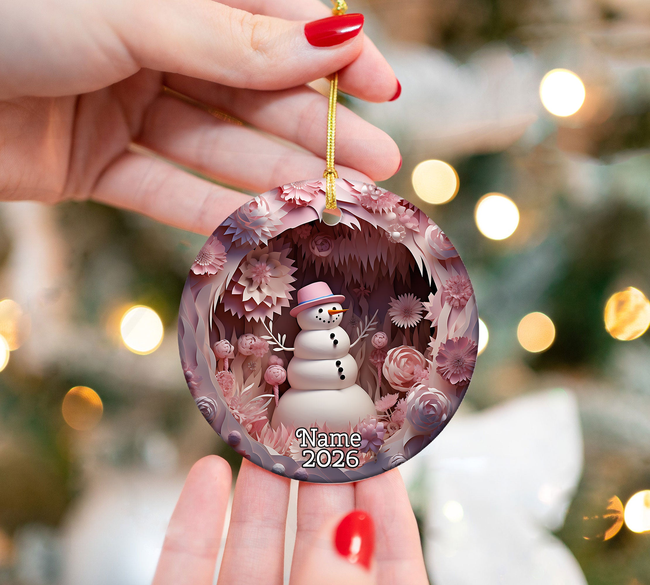 Pink Christmas Snowman Ornament, Winter Forest Holiday Decor, Rustic Tree Keepsake Ornament, Festive Winter Decoration, Christmas Keepsake Gift
