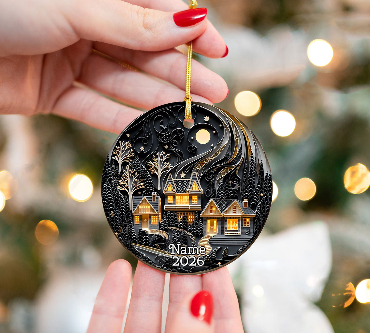 Moonlit Christmas Cottage Ornament 2026, Cozy Winter Village Tree Decoration, Layered Keepsake, Holiday Decoration