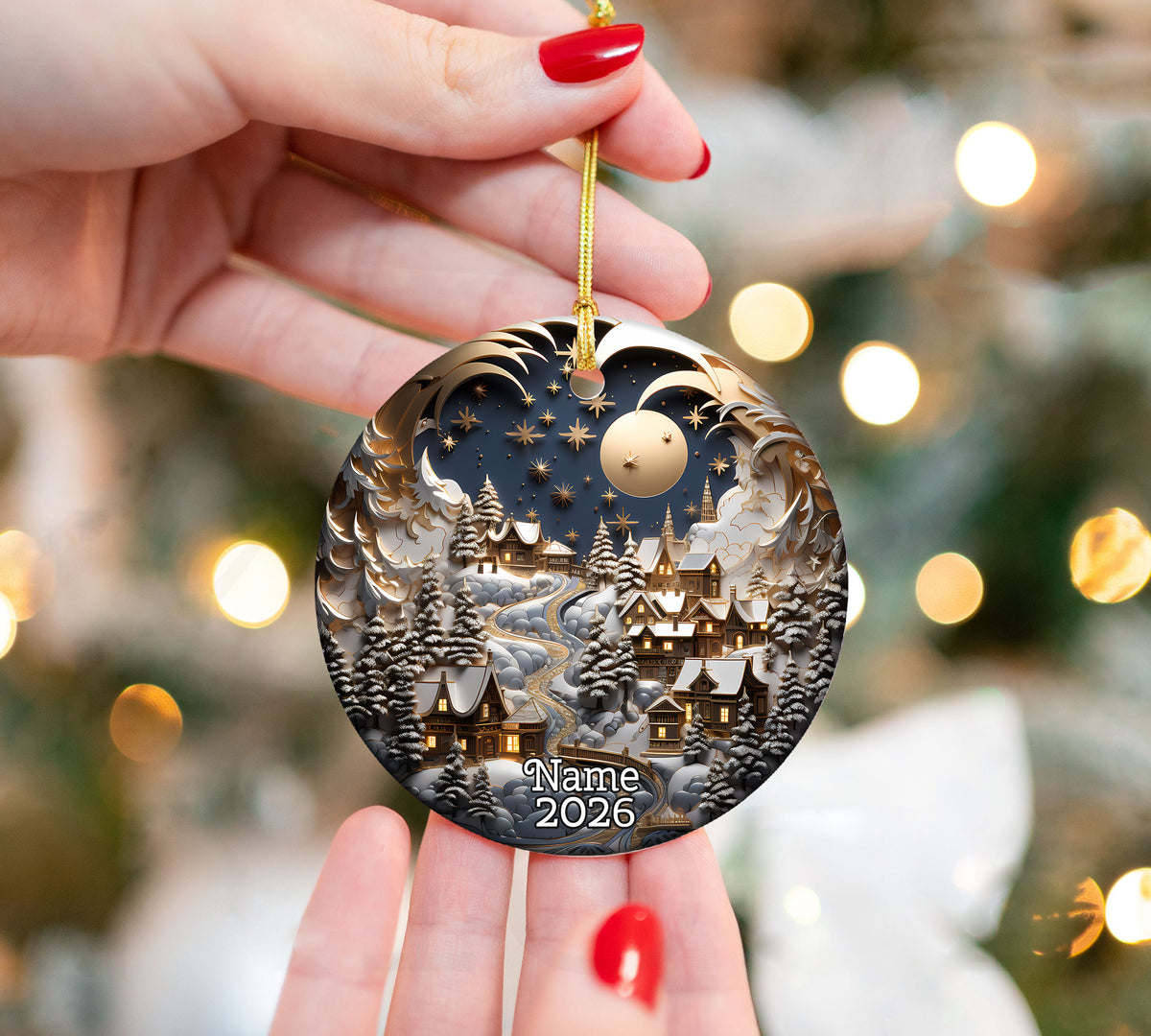 Christmas Night Ornament 2026, Moonlit Winter Village Ceramic Ornament, Holiday Tree Decoration