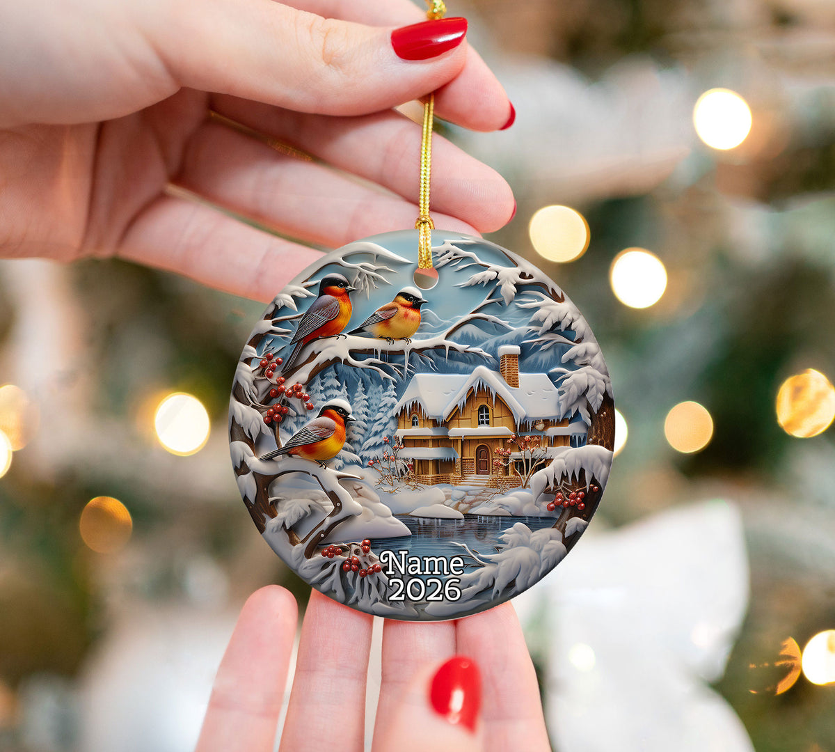 Winter Birds Christmas Ornament 2026, Snowy Cardinal Bird Cottage Ceramic Ornament, Rustic Cabin Holiday Tree Decor