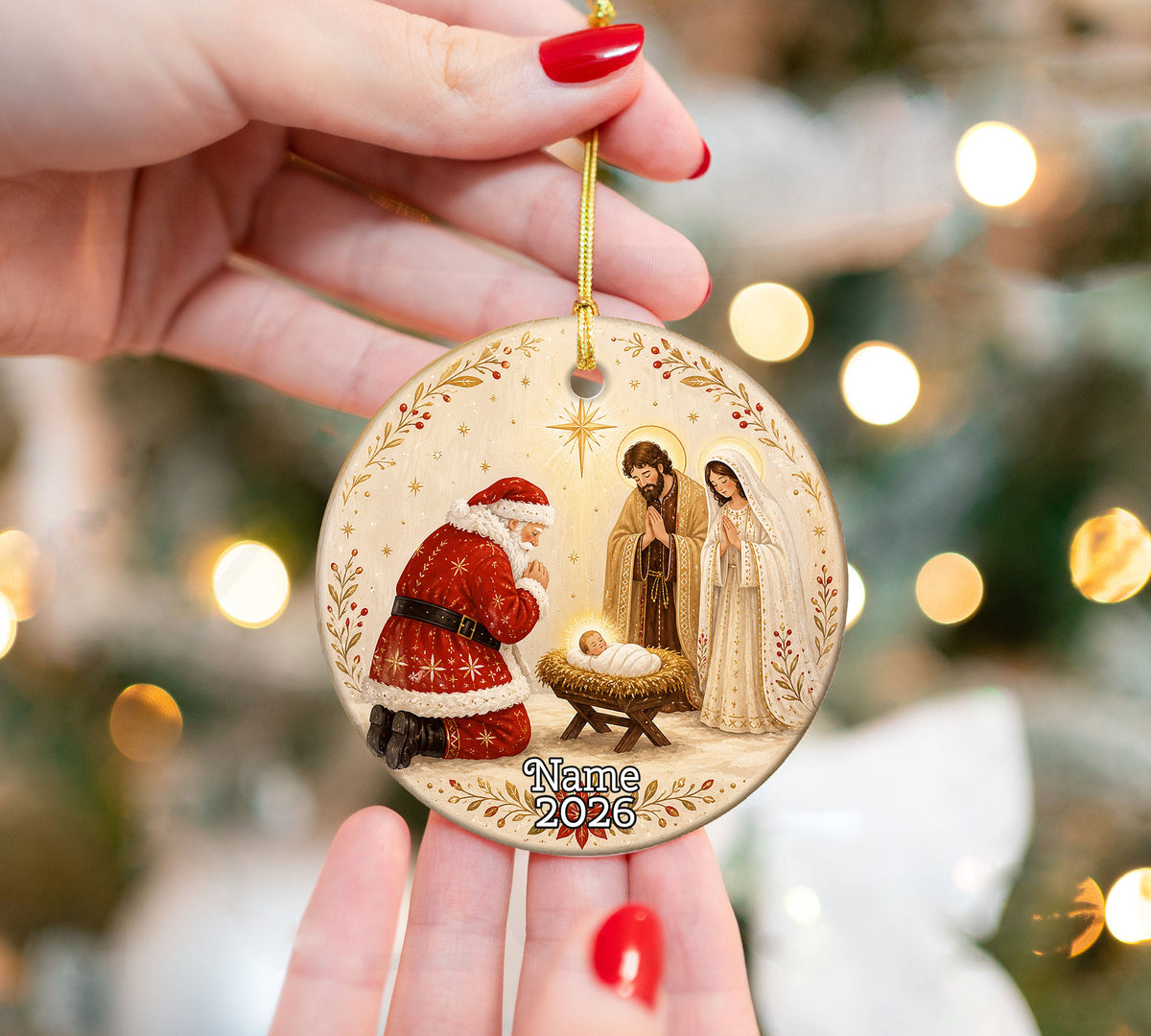 Nativity Christmas Ornament 2026, Santa and Baby Jesus Religious Ornament, Holy Family Christmas Tree Decor