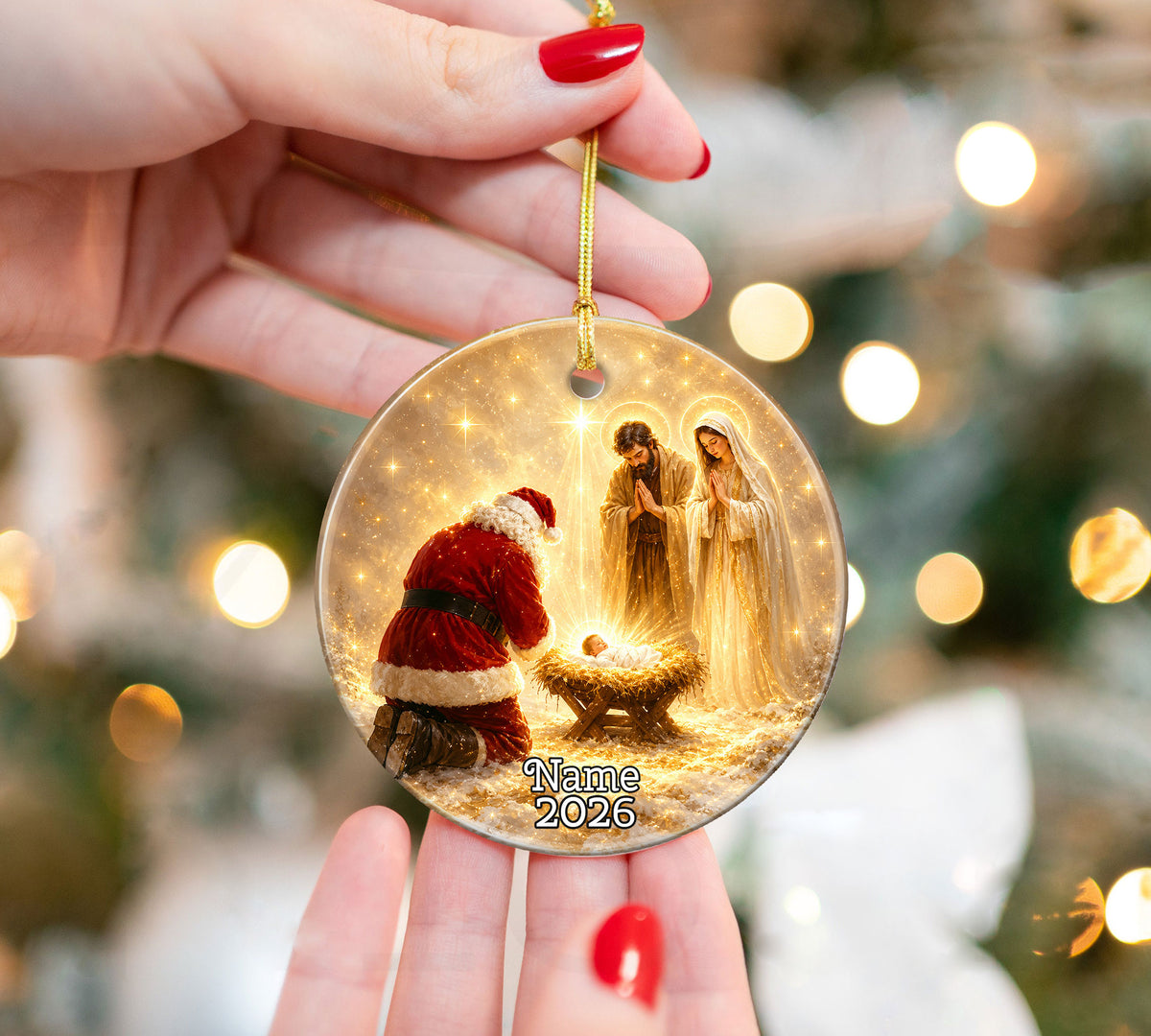 Religious Christmas Ornament 2026 with Santa and Nativity Scene, Baby Jesus Holy Family Christmas Tree Decoration, Christian Gift