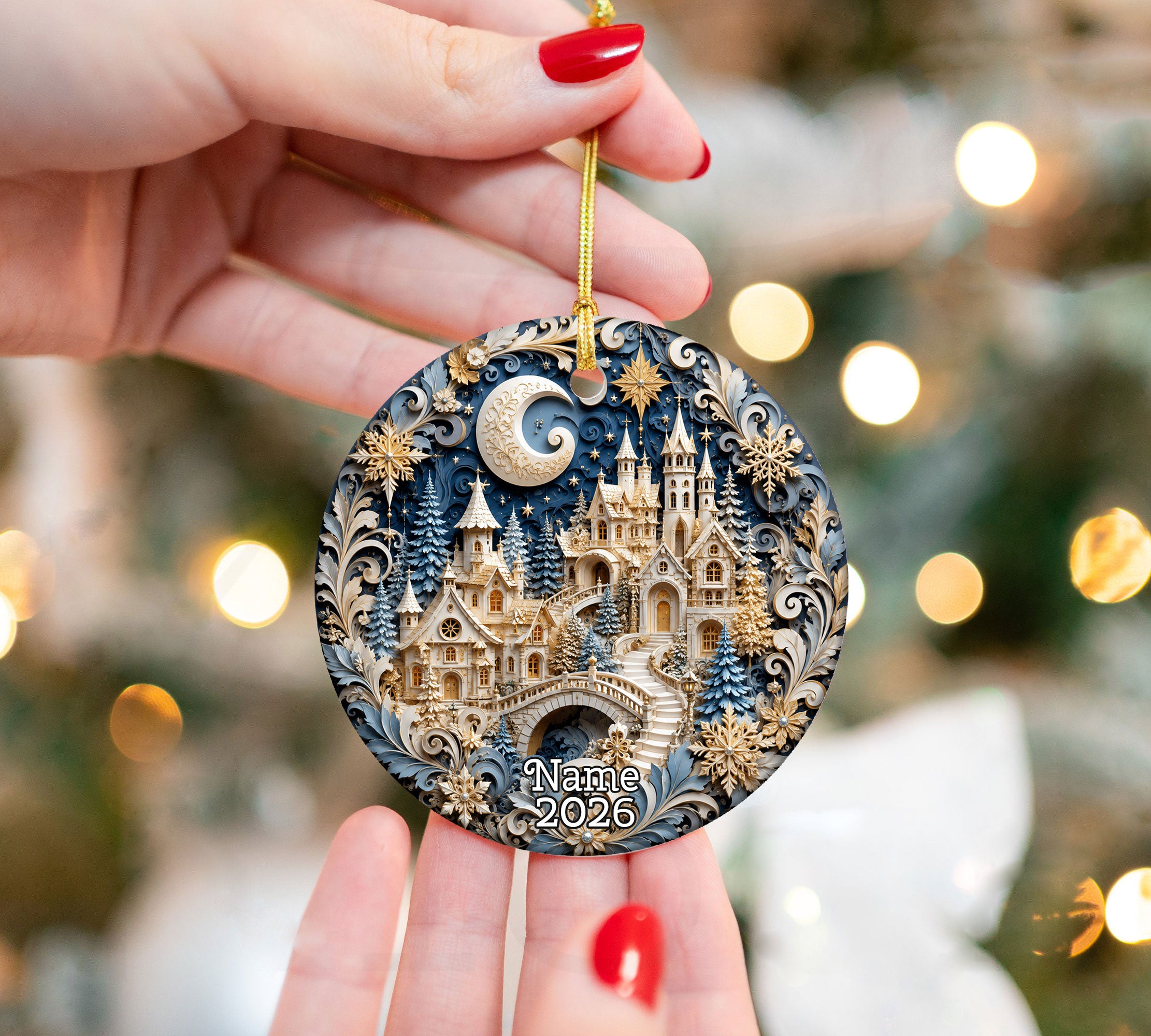 Snowy Christmas Village Ornament 2026, Blue Castle Christmas Tree Decor, Holiday Ornament Keepsake, Winter Christmas Gift for Loved Ones