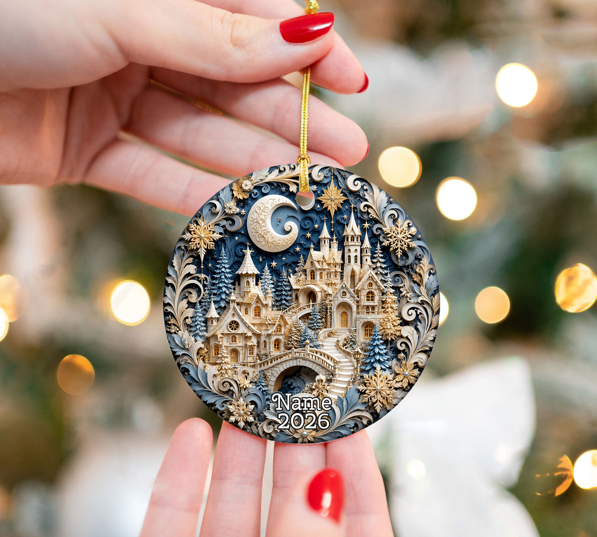 Snowy Christmas Village Ornament 2026, Blue Castle Christmas Tree Decor, Holiday Ornament Keepsake, Winter Christmas Gift for Loved Ones