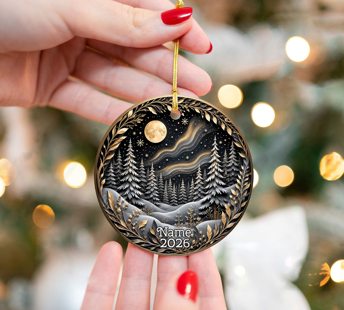 Christmas Tree Ornament 2026, Winter Forest Scence Ornament, Gold Black Christmas Decor, Holiday Keepsake Gift for Family and Friends