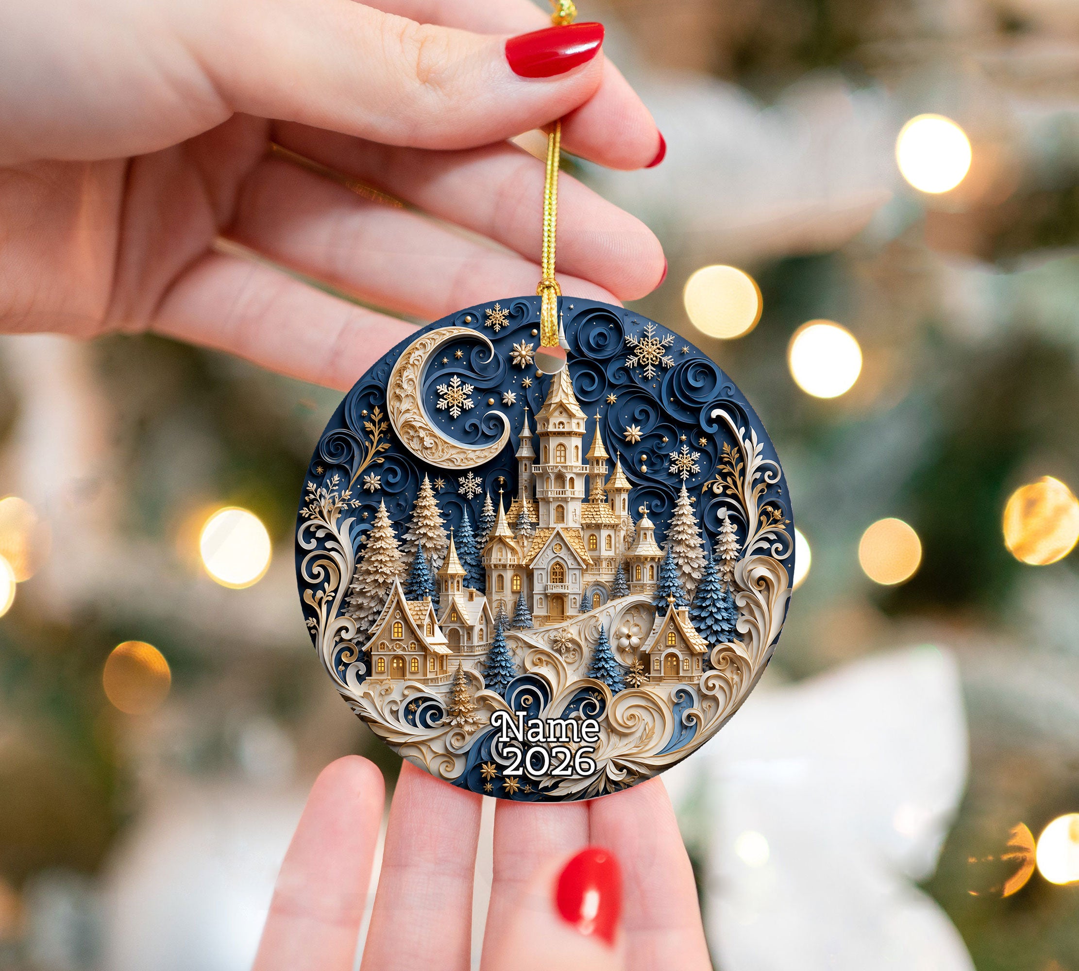 Blue Christmas Castle Ornament 2026, Winter Castle Christmas Ornament, Snowy Village Tree Decor, Holiday Keepsake Gift