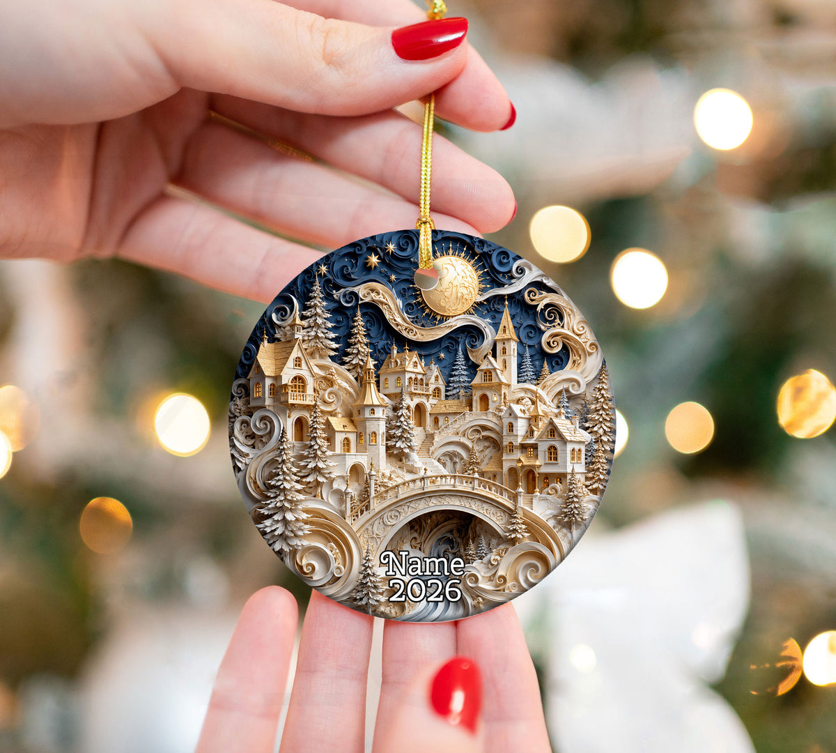 Winter Castle Christmas Ornament 2026, Blue and White Christmas Tree Ornament, Snowy Holiday Village Decor, Festive Keepsake Gift for Family