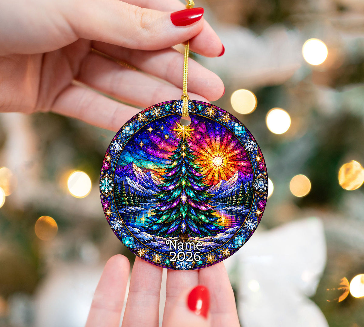 Colorful Stained Glass Christmas Tree Ornament 2026, Winter Mountain Lake Suncatcher Style, Holiday Decor