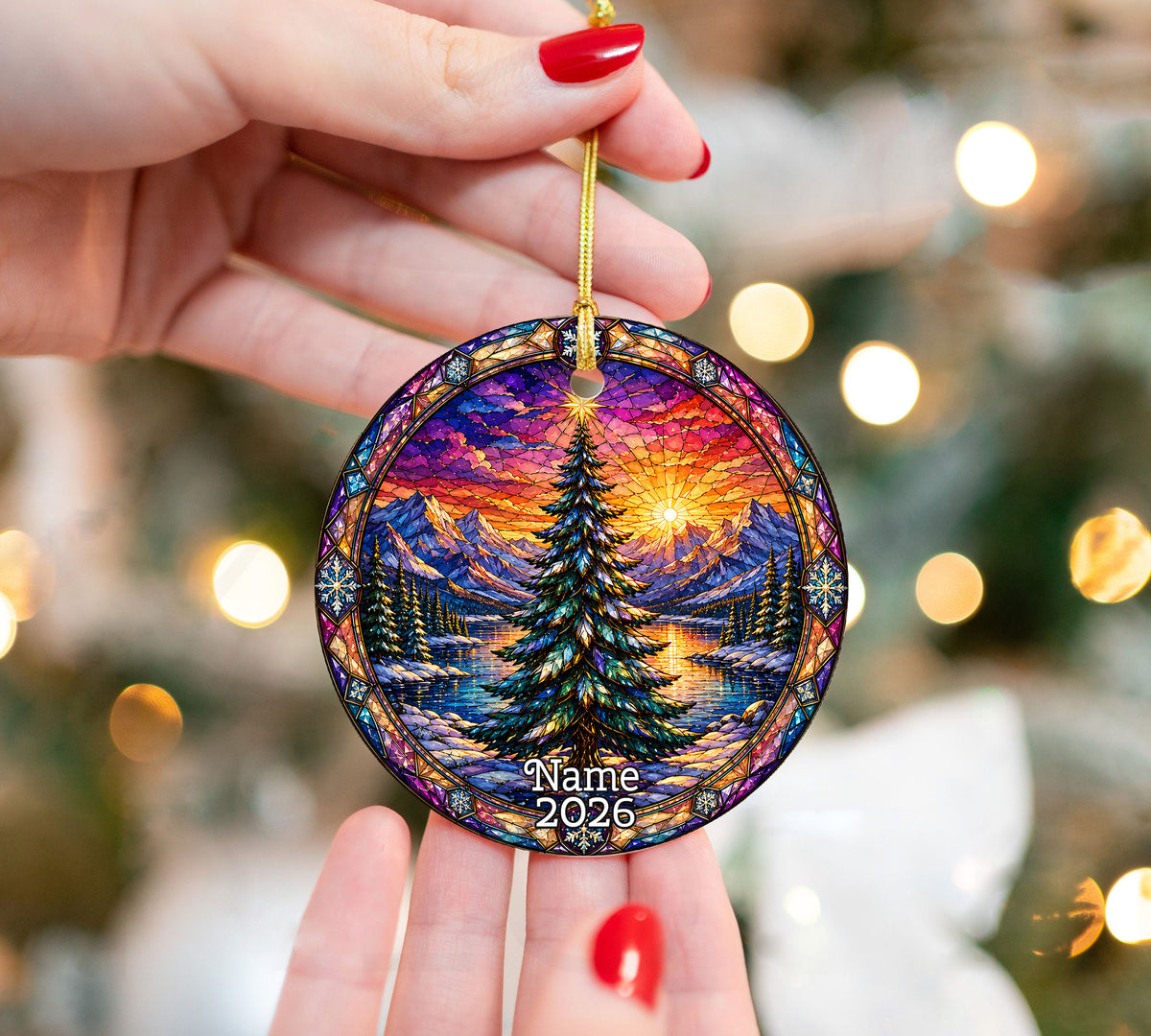 Colorful Christmas Tree Ornament 2026, Stained Glass Style Holiday Ornament, Winter Landscape Decor