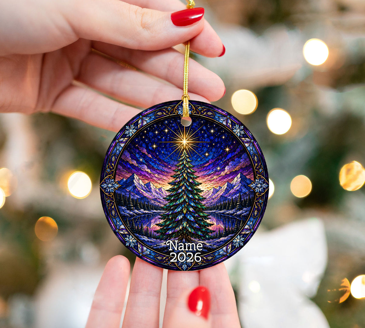 Christmas Tree Suncatcher Style Ornament 2026, Colorful Winter Mountain Scene Decoration