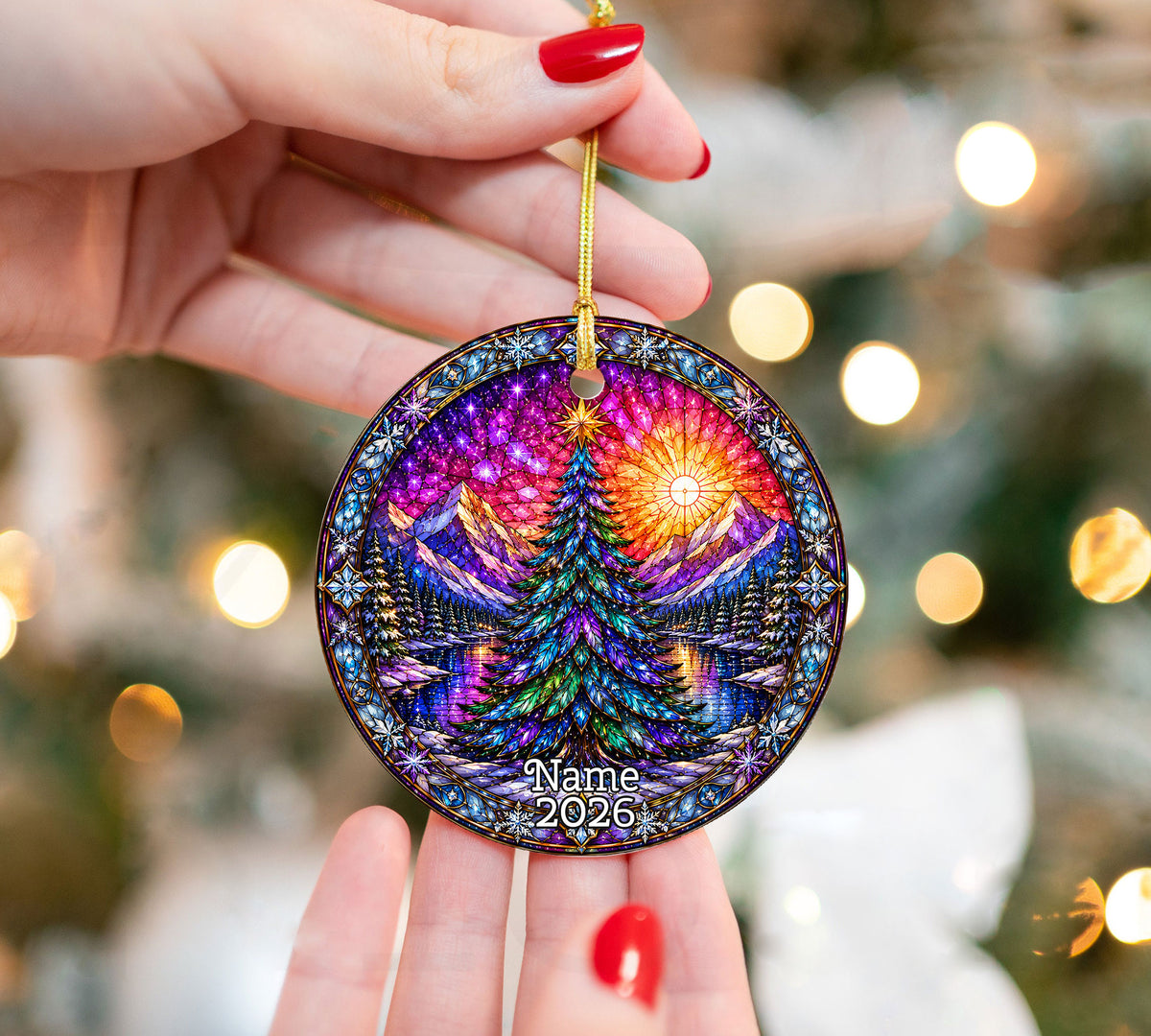 Stained Glass Style Christmas Ornament 2026, Colorful Evergreen Tree with Mountain Lake, Holiday Tree Decoration