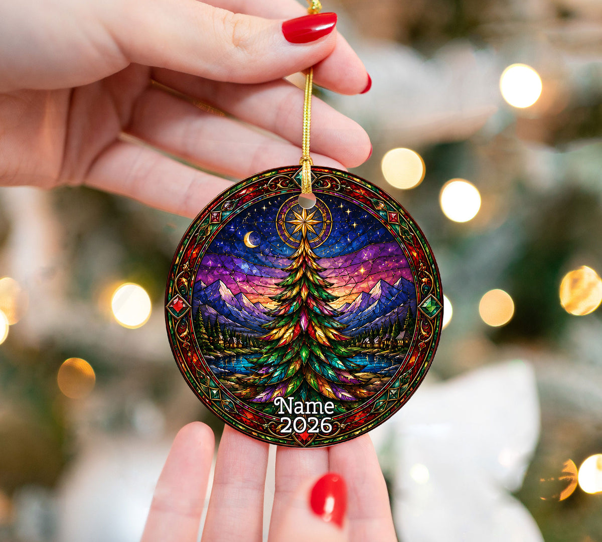 Christmas Tree Holiday Ornament 2026, Colorful Stained Glass Inspired Winter Scene, Festive Christmas Decoration
