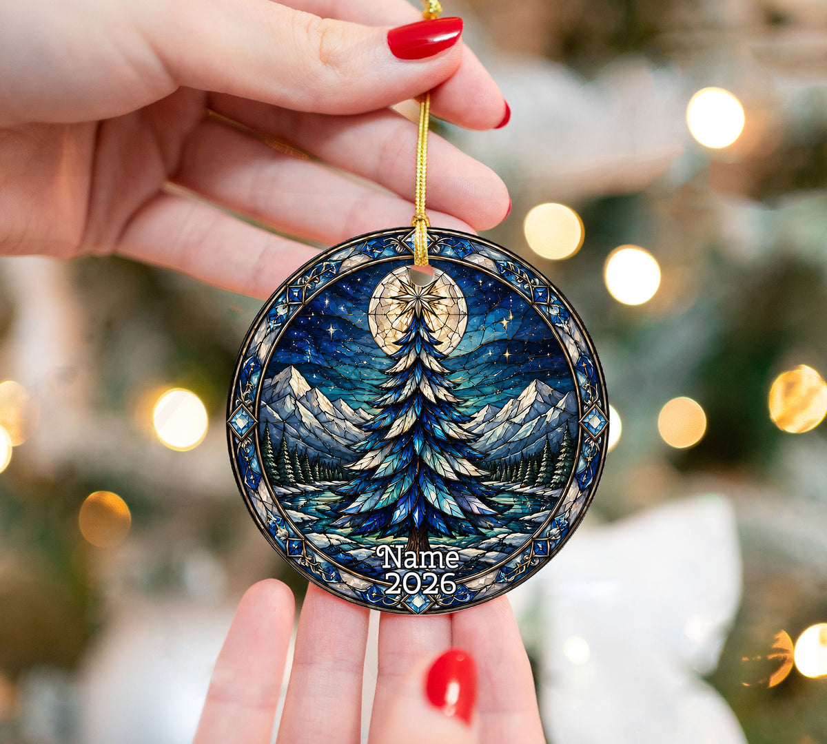 Winter Christmas Tree Ornament 2026, Colorful Mountain Landscape Holiday Decor, Stained Glass Inspired Christmas Gift