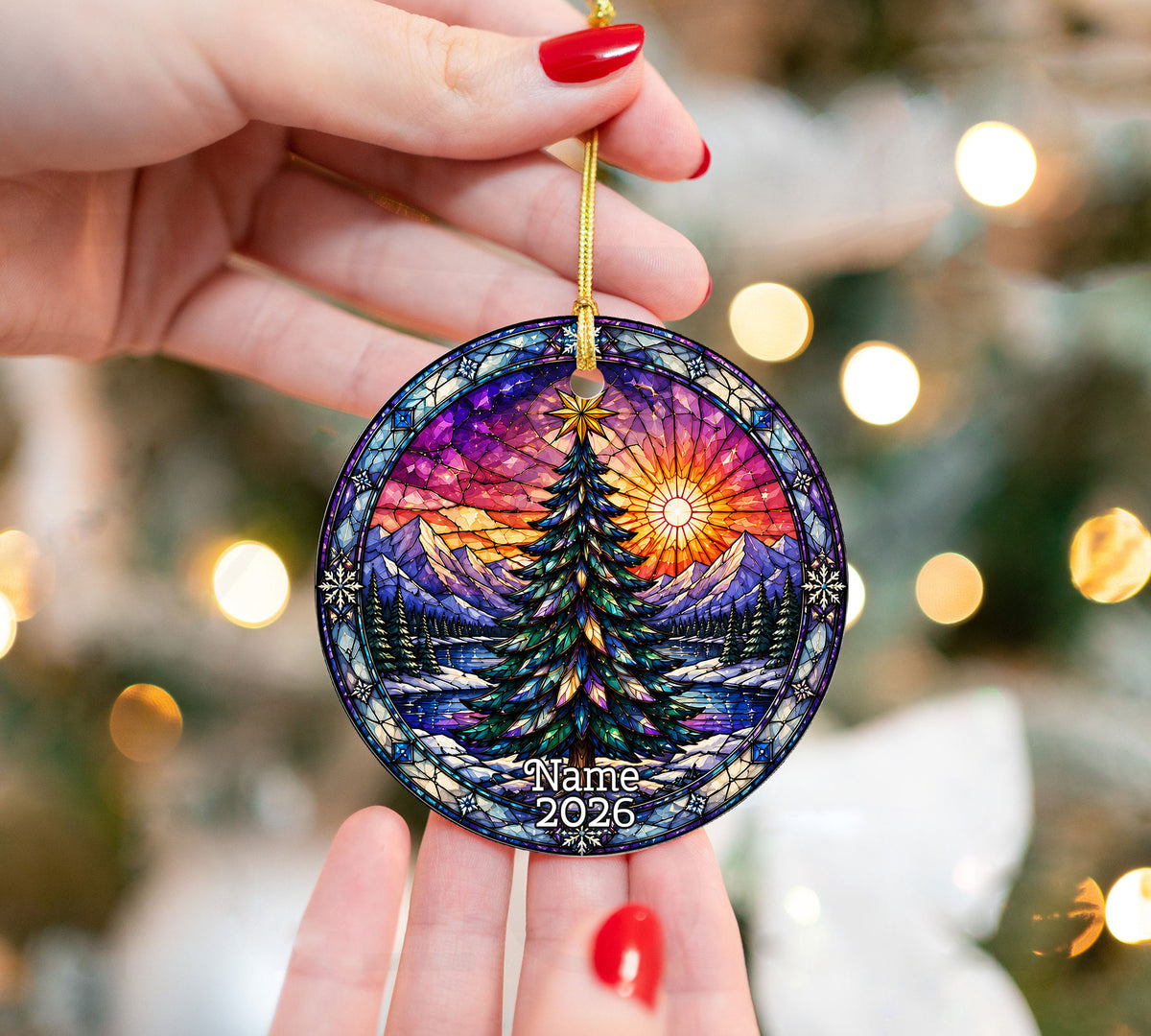 Christmas Ornament 2026 with Colorful Christmas Tree, Winter Lake Landscape Decoration, Holiday Tree Keepsake
