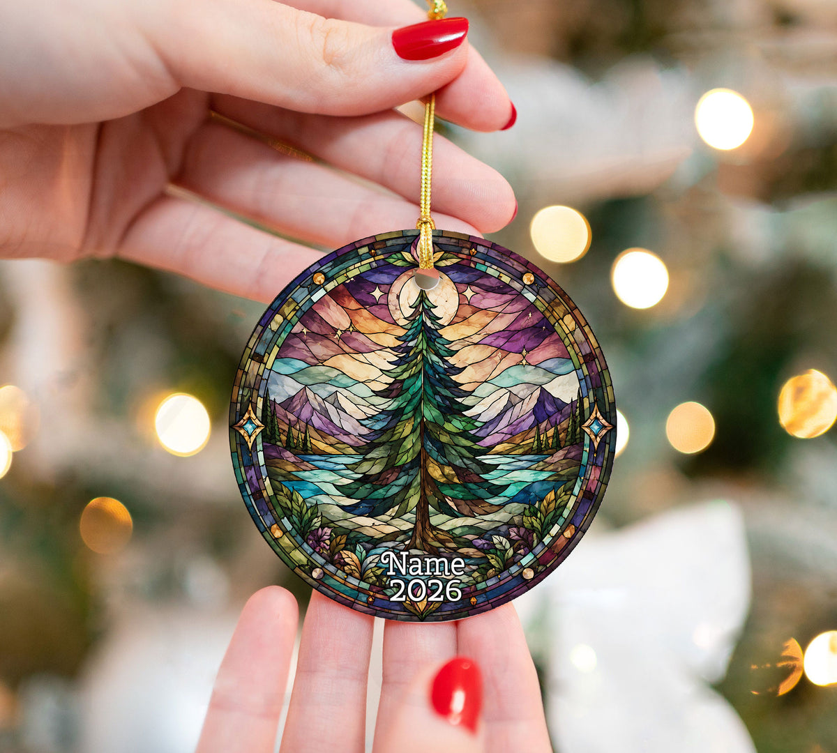 Vintage Christmas Tree Ornament 2026, Holiday Winter Landscape Decor, Stained Glass Inspired Christmas Keepsake
