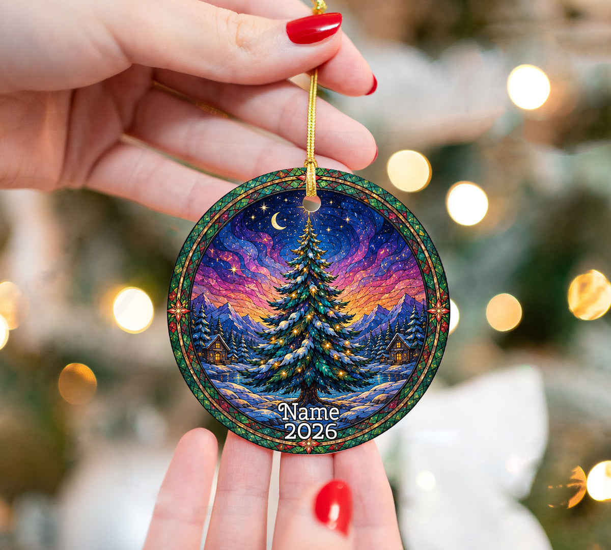 Stained Glass Inspired Christmas Tree Ornament 2026, Colorful Holiday Winter Landscape Decoration